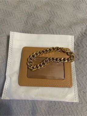 Michael Kors Tan Leather Card & Key Holder with Gold Chain